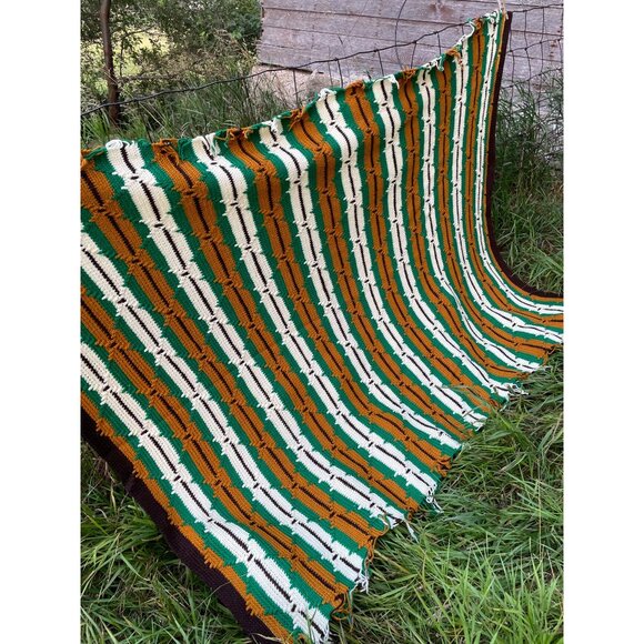 Vintage 1970s Crochet Afghan Blanket Green Brown & Cream Stripes  74x59 - Picture 12 of 14